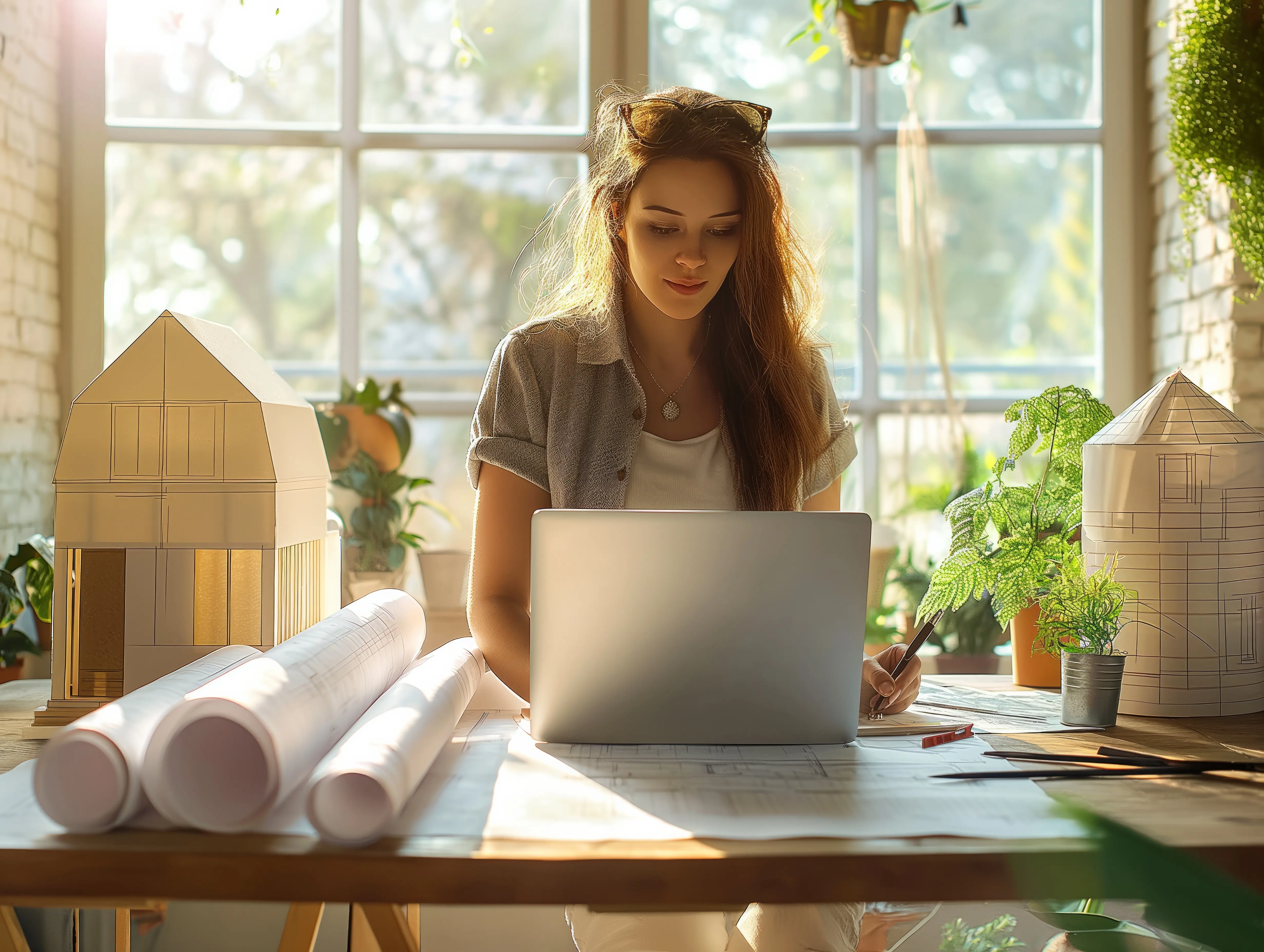Eine Frau sitzt an einem Schreibtisch mit einem Laptop und einem Papierstapel.