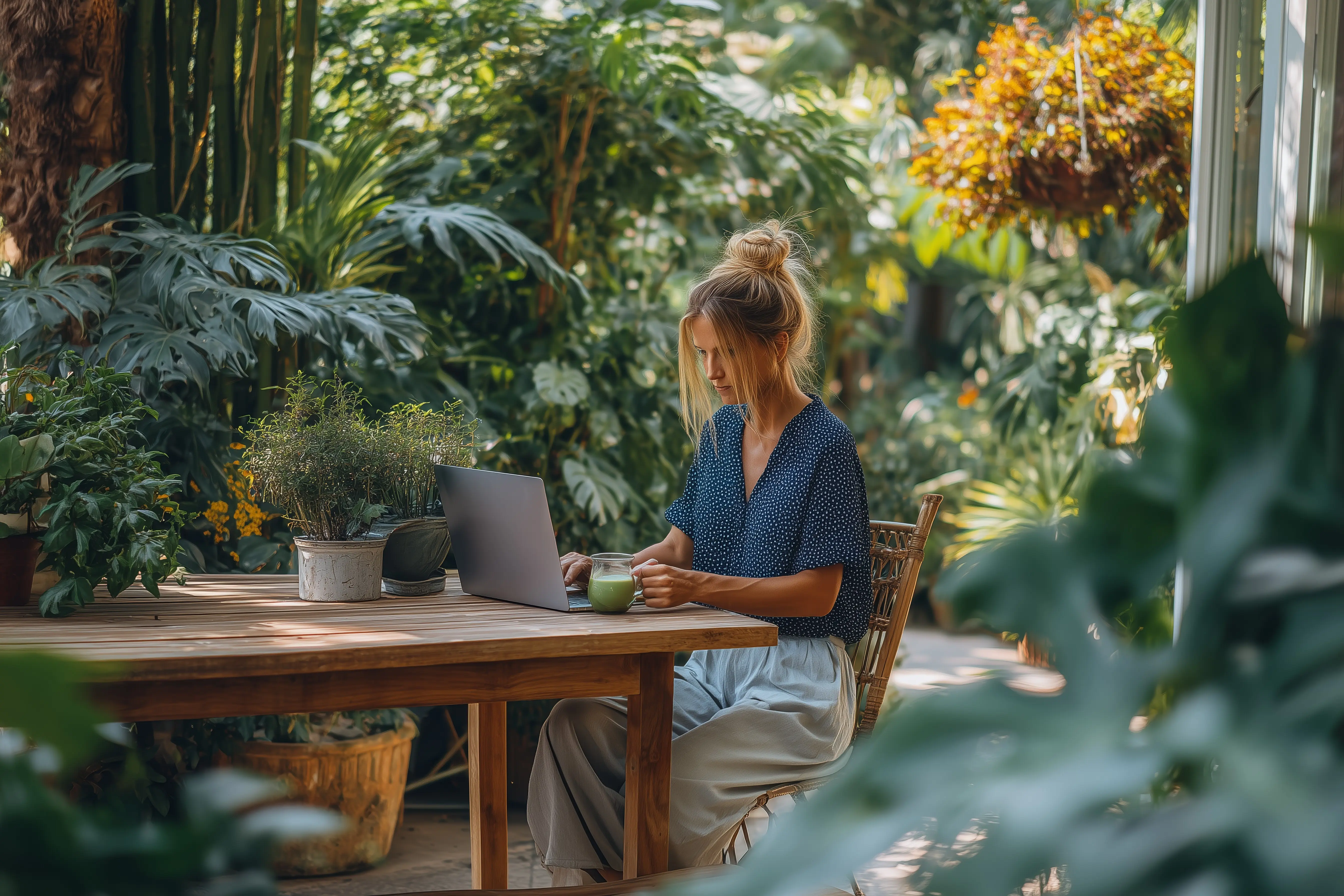 Eine Frau arbeitet an einem Laptop in einem üppigen Garten an einem sonnigen Nachmittag.